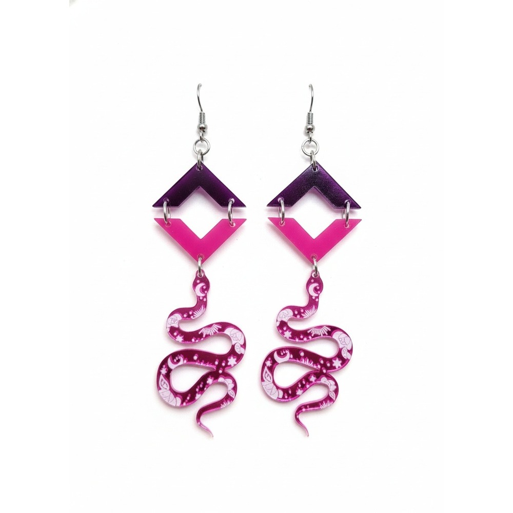 Whimsical Snake Moon Stars Dangle Earrings Purple Pink Geometric Handmade Gifts‎